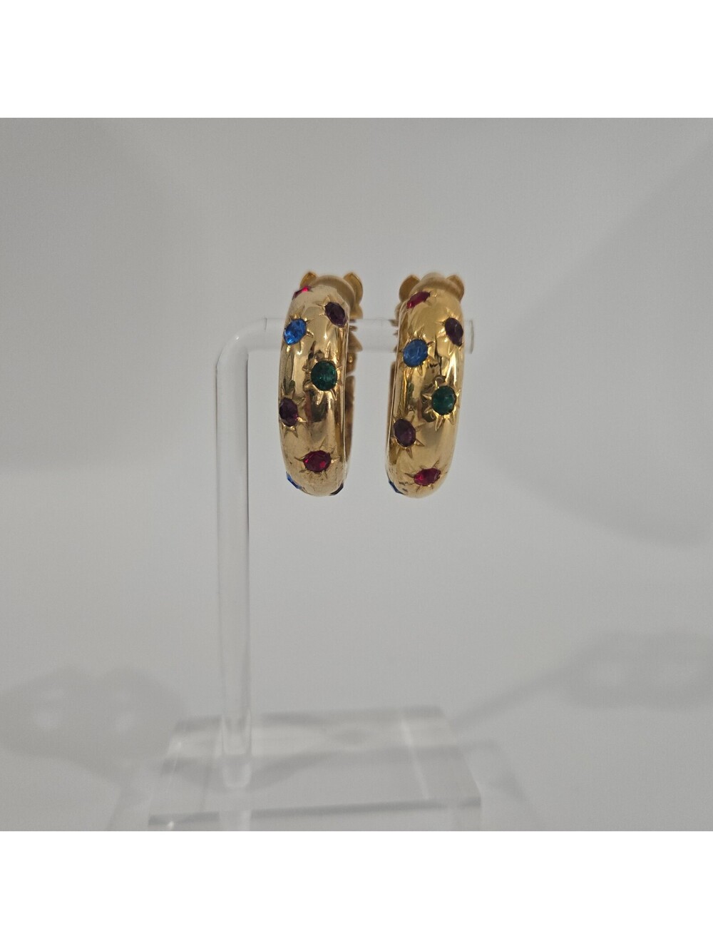 Vintage Rhinestone Hoop Clip On Earrings Gold Tone Multicolor Chunky Statement